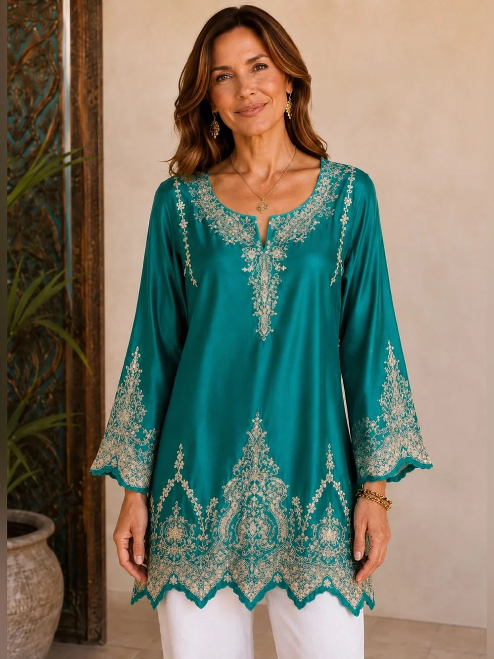 Sea Green 100% Silk Tunic Beige Embroidered Boho Resort Top Medium
